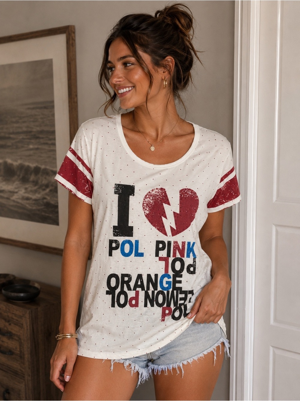 POL Comfy White Short Sleeve Graphic Tee with Red Accents